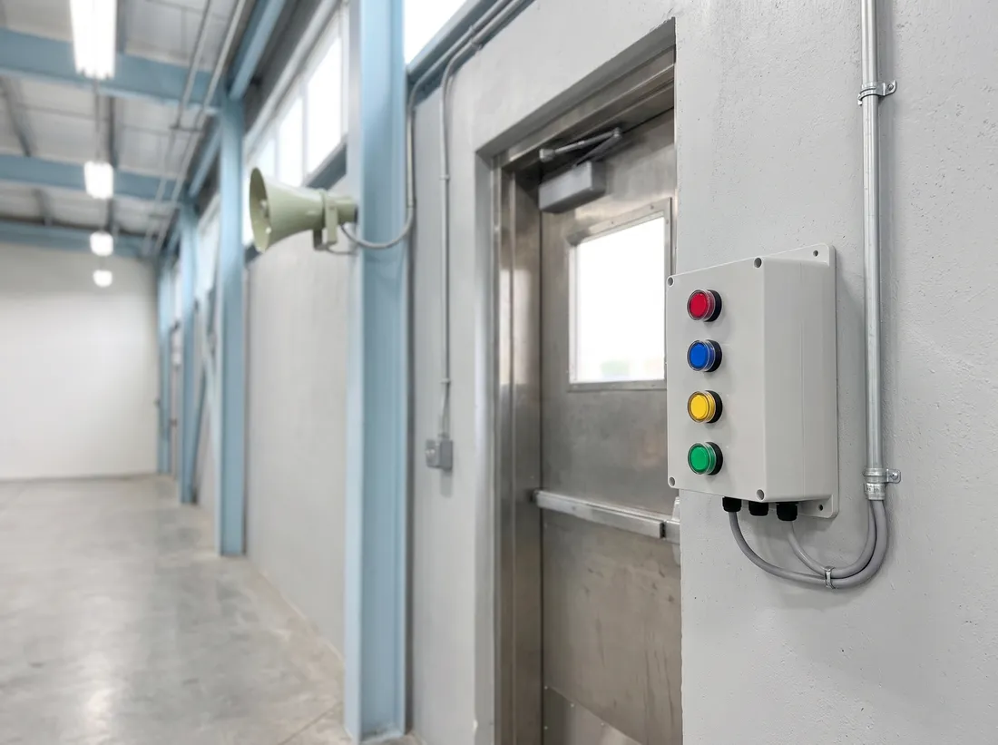 Linortek emergency push-button station beside a facility exit with horn speaker down the corridor