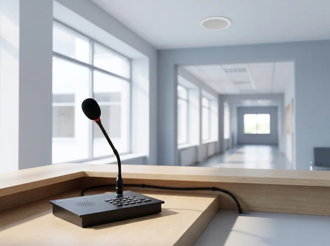 Linortek MIC-608G paging station on a school front desk with ceiling speaker in the hallway