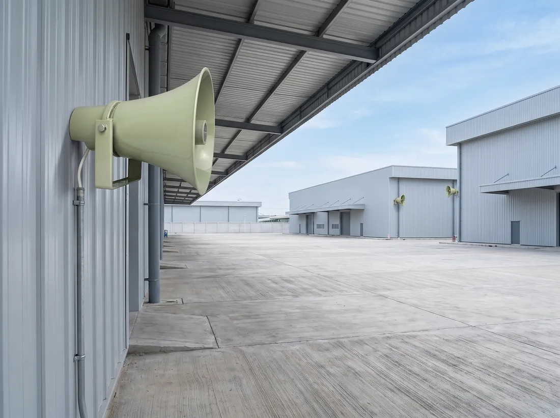Linortek horn speakers on two buildings across a facility yard
