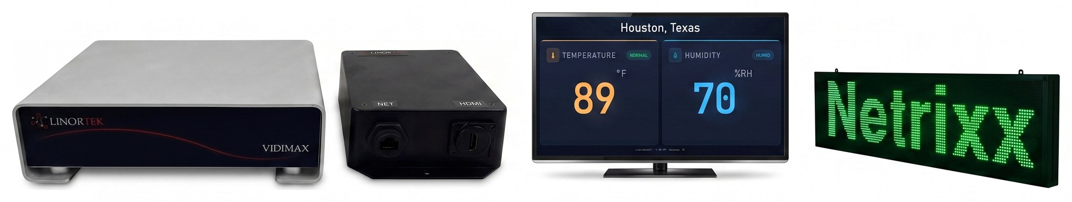 Linortek Visualize family: VidiMax server, display terminal, TV dashboard, and Netrixx LED sign