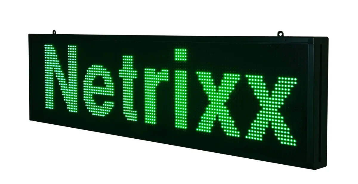 Netrixx programmable LED message sign showing bright green Netrixx text