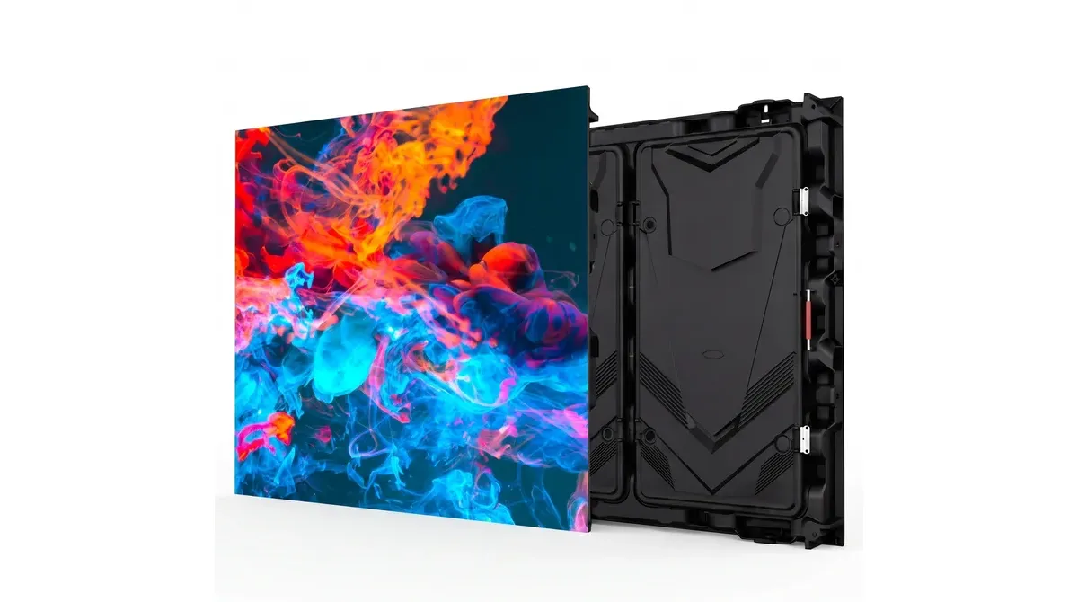Weather-rated outdoor LED display, front panel and rugged cabinet, studio product photo