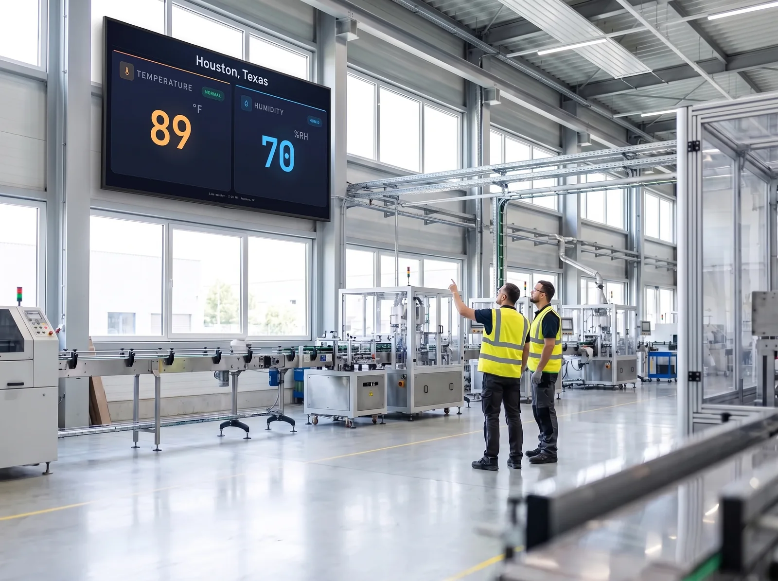 Two workers reviewing a large VidiMax environmental dashboard on a production floor