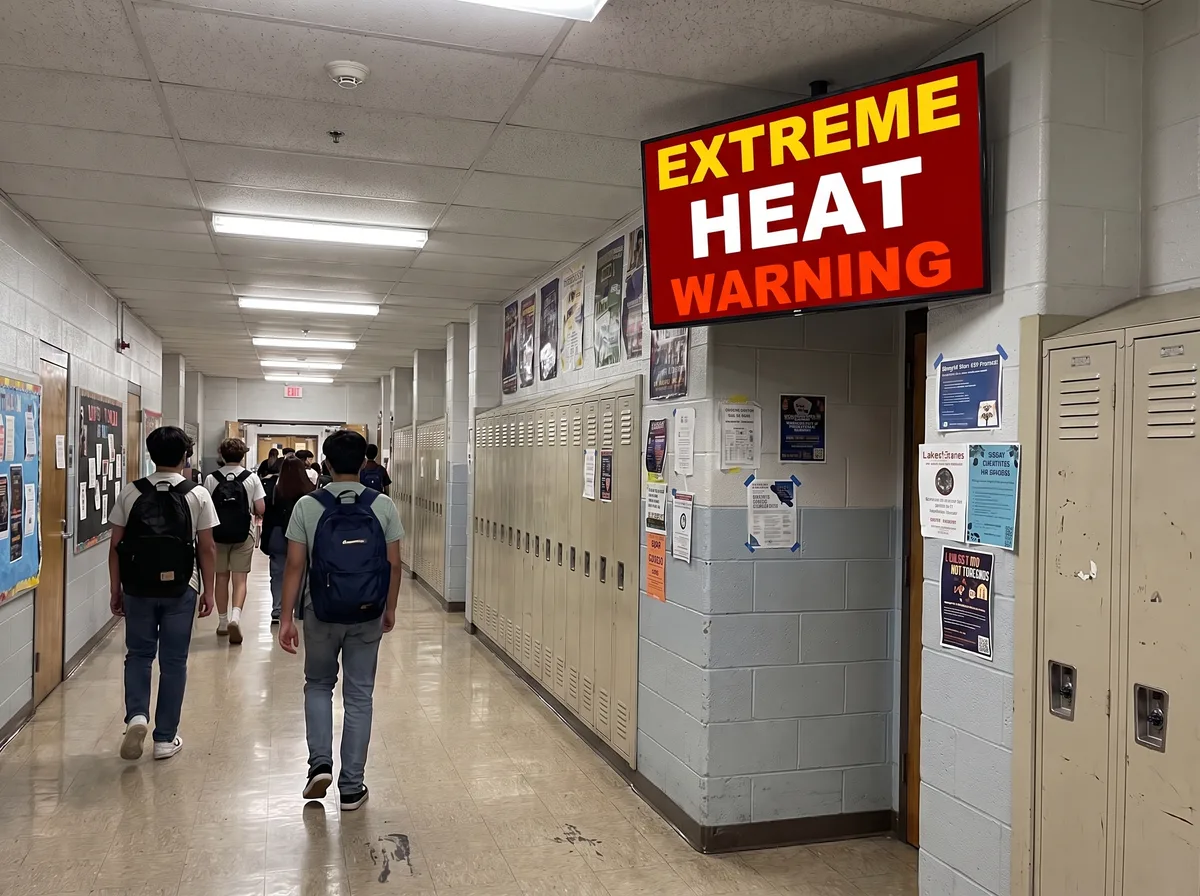 VidiMax extreme heat warning on a school hallway display