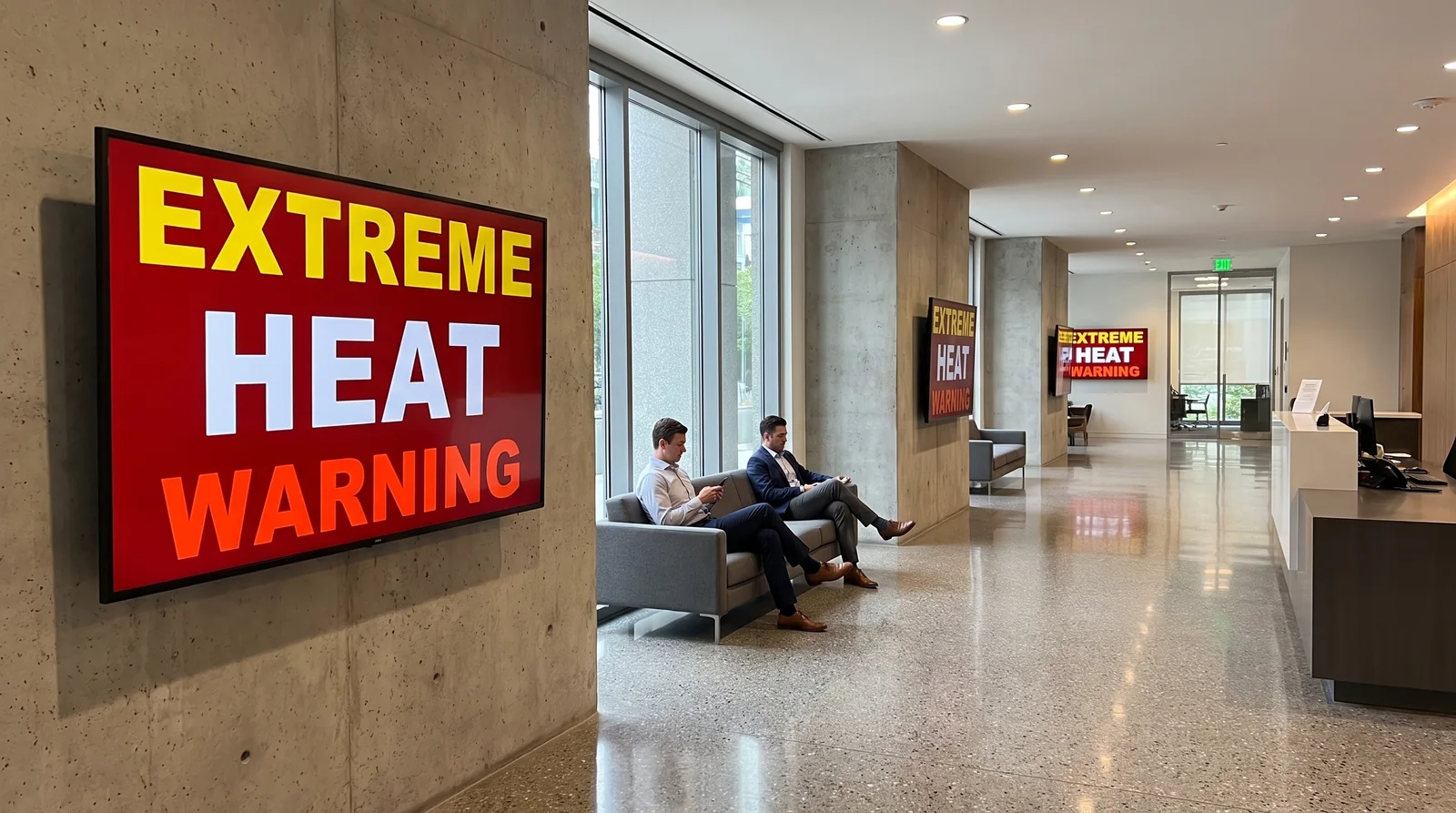 An office lobby where every screen shows the same VidiMax extreme heat warning at once